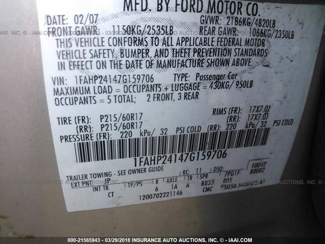 1FAHP24147G159706 - 2007 FORD FIVE HUNDRED SEL SILVER photo 9