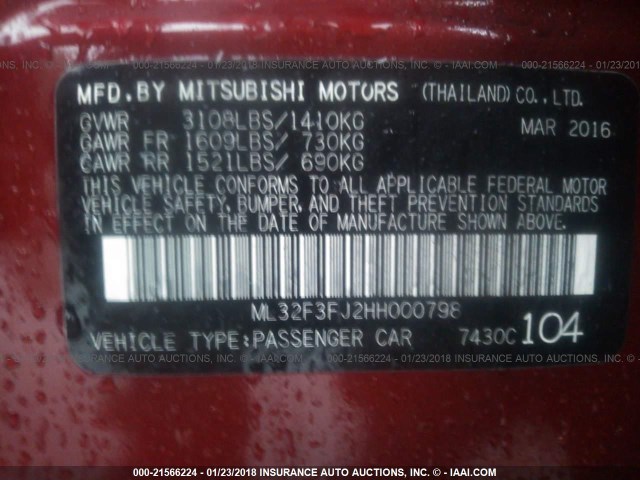 ML32F3FJ2HH000798 - 2017 MITSUBISHI MIRAGE G4 ES წითელი ფოტო 9