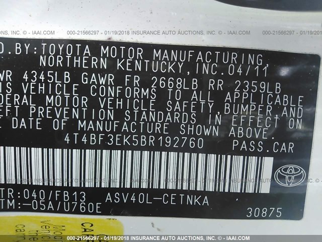4T4BF3EK5BR192760 - 2011 TOYOTA CAMRY SE/LE/XLE WHITE photo 9