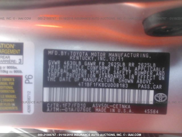 4T1BF1FK8CU008183 - 2012 TOYOTA CAMRY SE/LE/XLE SILVER photo 9