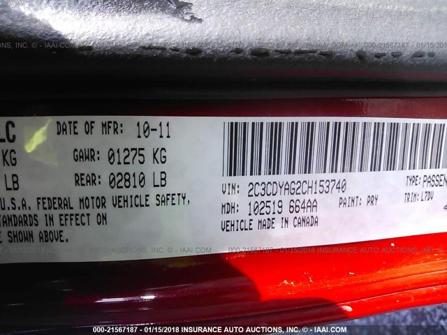 2C3CDYAG2CH153740 - 2012 DODGE CHALLENGER SXT RED photo 9