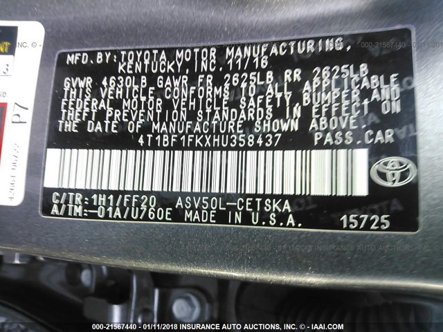 4T1BF1FKXHU358437 - 2017 TOYOTA CAMRY LE/XLE/SE/XSE GRAY photo 9