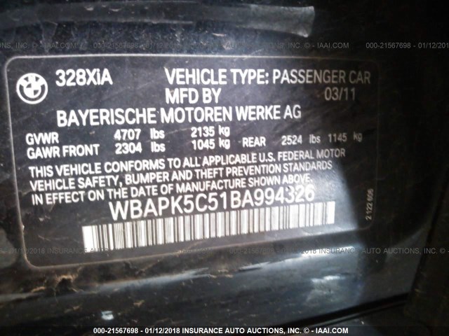 WBAPK5C51BA994326 - 2011 BMW 328 XI SULEV BLACK photo 9