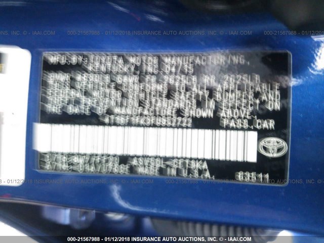 4T1BF1FK3FU952722 - 2015 TOYOTA CAMRY LE/XLE/SE/XSE BLUE photo 9