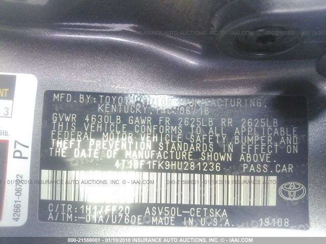 4T1BF1FK9HU281236 - 2017 TOYOTA CAMRY LE/XLE/SE/XSE 灰色 照片 9