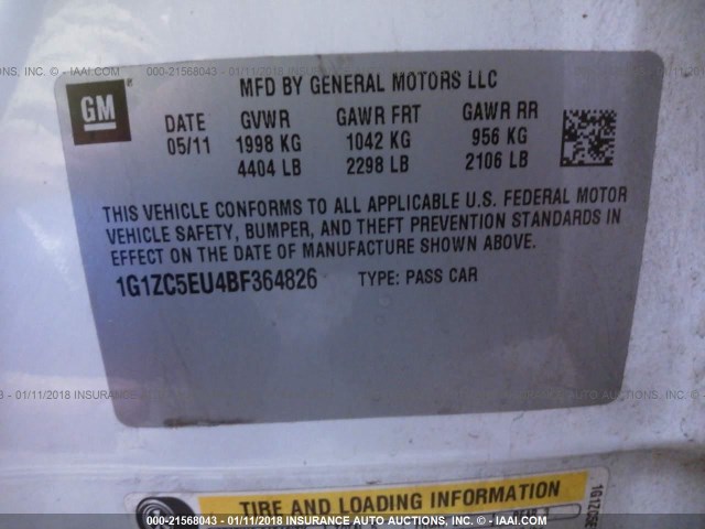 1G1ZC5EU4BF364826 - 2011 CHEVROLET MALIBU 1LT 白色 照片 9