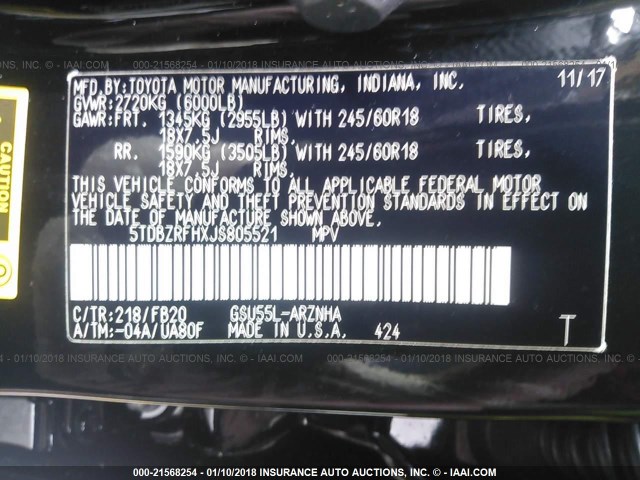 5TDBZRFHXJS805521 - 2018 TOYOTA HIGHLANDER LE/LE PLUS BLACK photo 9