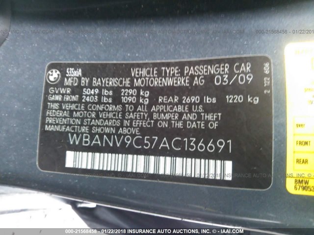 WBANV9C57AC136691 - 2010 BMW 535 XI GRAY photo 9