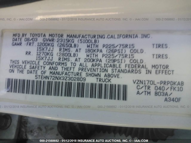 5TEHN72NX3Z302809 - 2003 TOYOTA TACOMA DOUBLE CAB თეთრი ფოტო 9