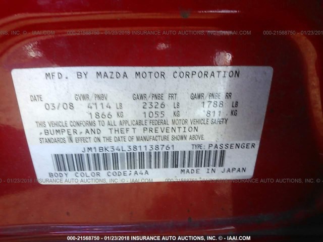 JM1BK34L381138761 - 2008 MAZDA SPEED 3 RED photo 9