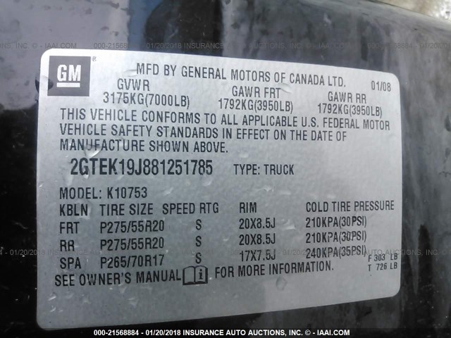 2GTEK19J881251785 - 2008 GMC SIERRA K1500 BLACK photo 9