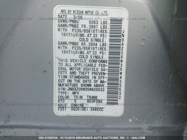 JN8AZ08W35W425532 - 2005 NISSAN MURANO SL/SE/S SILVER photo 9