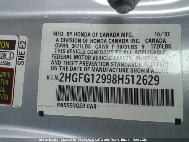 2HGFG12998H512629 - 2008 HONDA CIVIC EXL 银色 照片 9