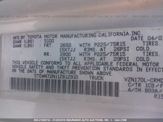 5TEWN72N11Z812910 - 2001 TOYOTA TACOMA XTRACAB SILVER photo 9