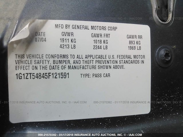 1G1ZT54845F121591 - 2005 CHEVROLET MALIBU LS 银色 照片 9