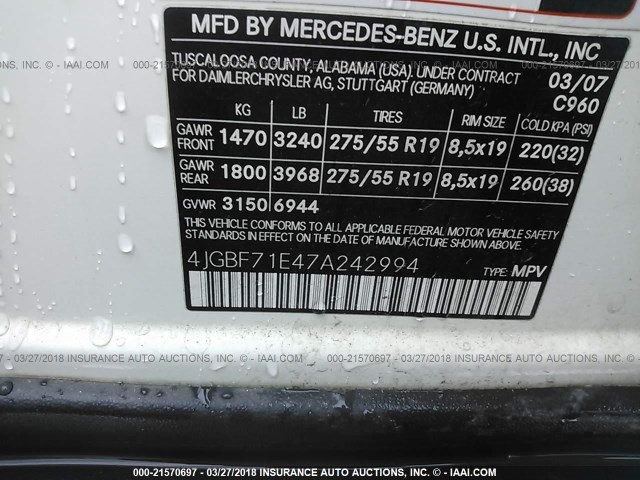 4JGBF71E47A242994 - 2007 MERCEDES-BENZ GL 450 4MATIC WHITE photo 9