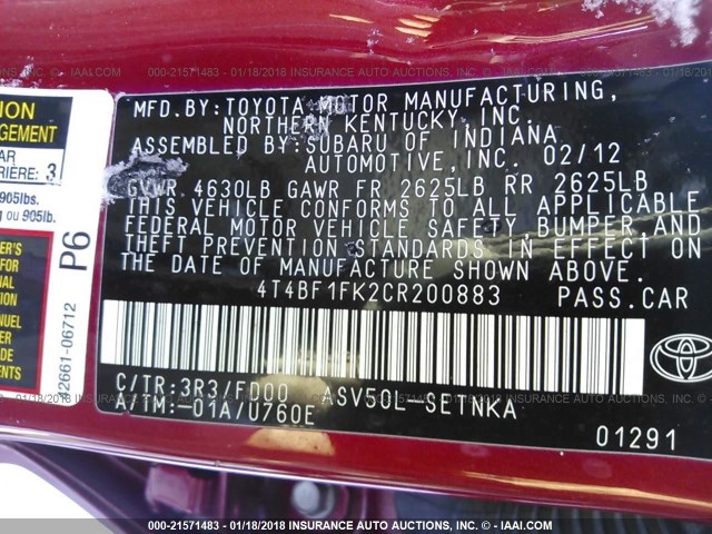 4T4BF1FK2CR200883 - 2012 TOYOTA CAMRY SE/LE/XLE წითელი ფოტო 9