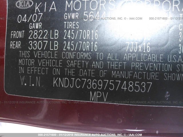 KNDJC736975748537 - 2007 KIA SORENTO EX/LX RED photo 9