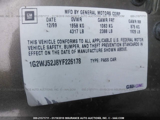 1G2WJ52J8YF226178 - 2000 PONTIAC GRAND PRIX SE 灰色 照片 9