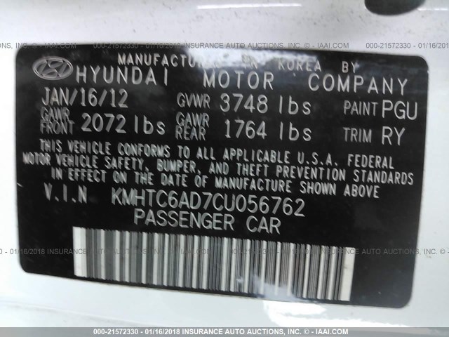 KMHTC6AD7CU056762 - 2012 HYUNDAI VELOSTER WHITE photo 9