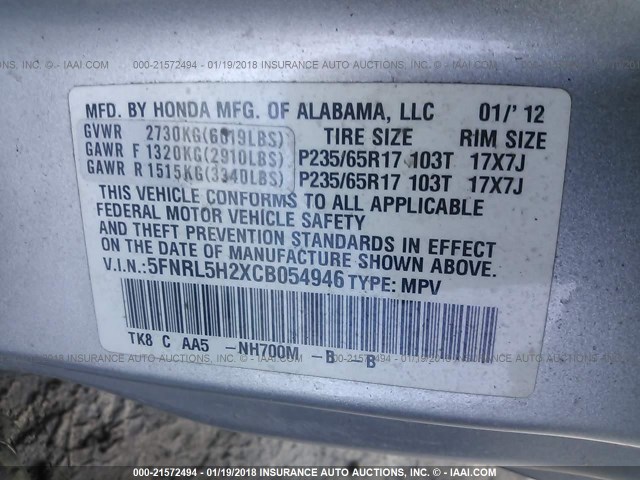 5FNRL5H2XCB054946 - 2012 HONDA ODYSSEY LX SILVER photo 9