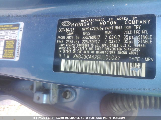 KM8J3CA42GU101022 - 2016 HYUNDAI TUCSON LIMITED/SPORT AND ECO/SE BLUE photo 9