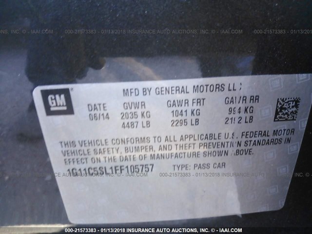 1G11C5SL1FF105757 - 2015 CHEVROLET MALIBU 1LT 灰色 照片 9