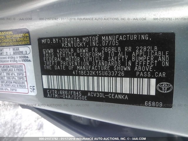 4T1BE32K15U633726 - 2005 TOYOTA CAMRY LE/XLE/SE ნაცრისფერი ფოტო 9