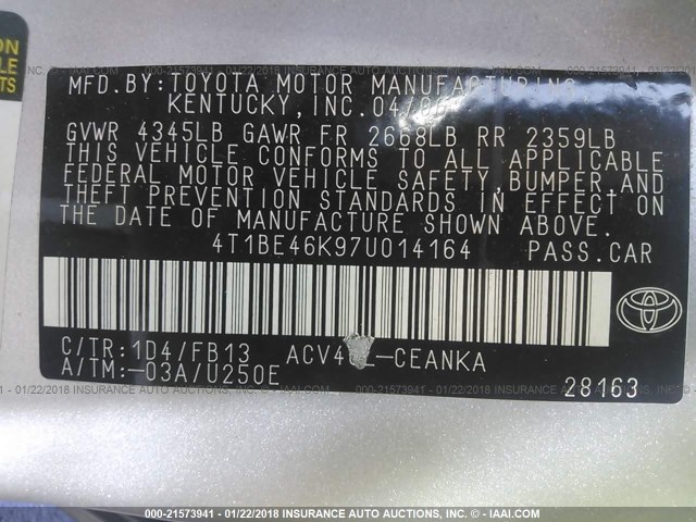 4T1BE46K97U014164 - 2007 TOYOTA CAMRY NEW GENERAT CE/LE/XLE/SE SILVER photo 9