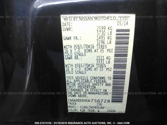 1N6AD0ER4EN756728 - 2014 NISSAN FRONTIER S/SV/SL/PRO-4X GRAY photo 9