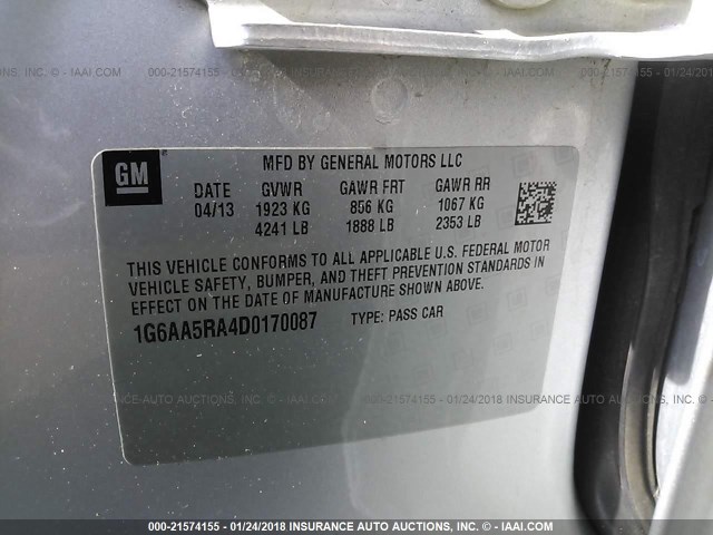 1G6AA5RA4D0170087 - 2013 CADILLAC ATS SILVER photo 9