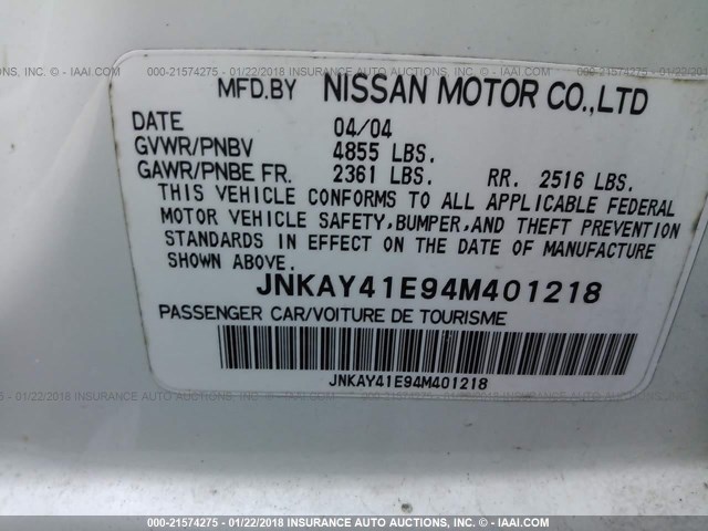 JNKAY41E94M401218 - 2004 INFINITI M45 WHITE photo 9