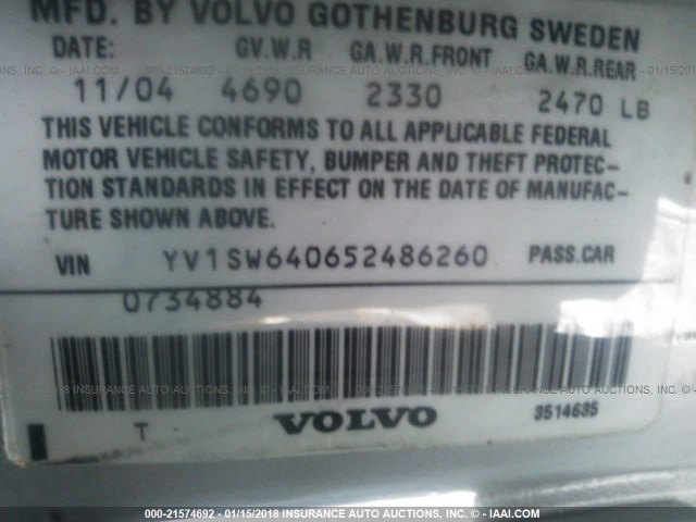 YV1SW640652486260 - 2005 VOLVO V70 SILVER photo 9