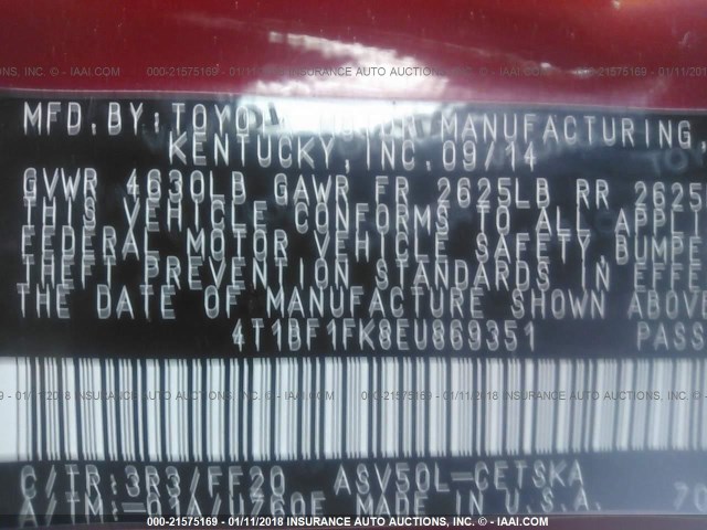 4T1BF1FK8EU869351 - 2014 TOYOTA CAMRY L/SE/LE/XLE 红色 照片 9