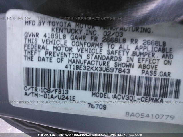 4T1BE32KX3U697843 - 2003 TOYOTA CAMRY LE/XLE/SE SILVER photo 9