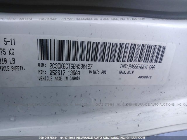 2C3CK6CT6BH530427 - 2011 CHRYSLER 300C WHITE photo 9