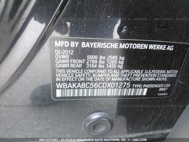 WBAKA8C56CDX01275 - 2012 BMW 750 I GRAY photo 9