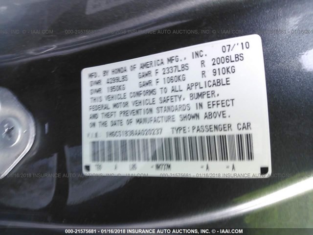 1HGCS1B36AA020237 - 2010 HONDA ACCORD LX GRAY photo 9