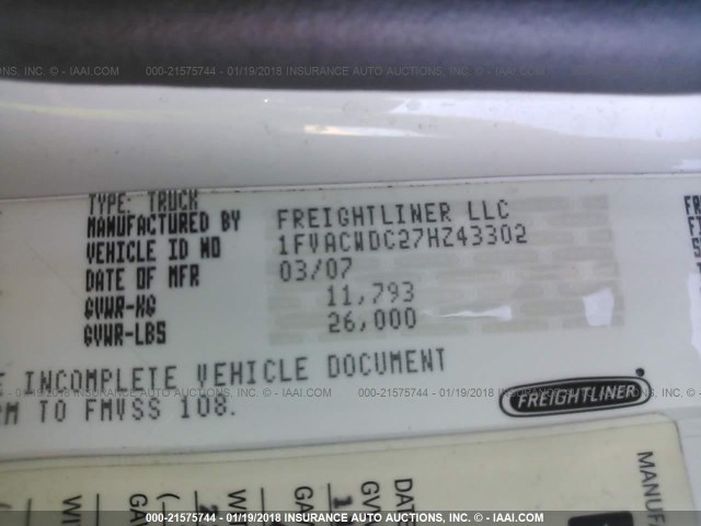 1FVACWDC27HZ43302 - 2007 FREIGHTLINER M2 106 MEDIUM DUTY WHITE photo 10