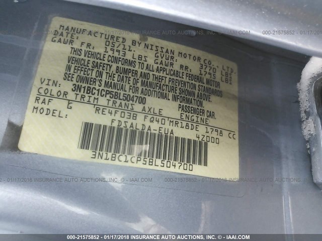 3N1BC1CP5BL504700 - 2011 NISSAN VERSA S/SL BLUE photo 9