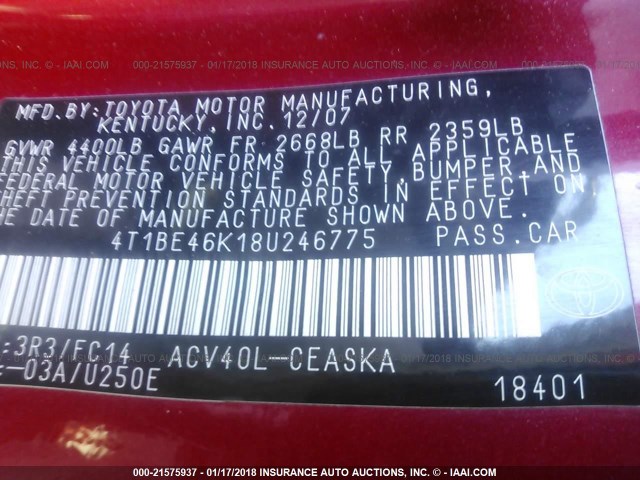 4T1BE46K18U246775 - 2008 TOYOTA CAMRY CE/LE/XLE/SE RED photo 9