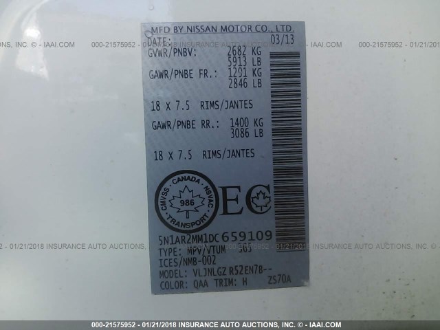 5N1AR2MM1DC659109 - 2013 NISSAN PATHFINDER S/SV/SL/PLATINUM 白色 照片 9