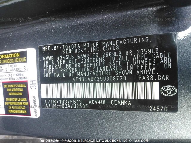 4T1BE46K39U308730 - 2009 TOYOTA CAMRY SE/LE/XLE 灰色 照片 9