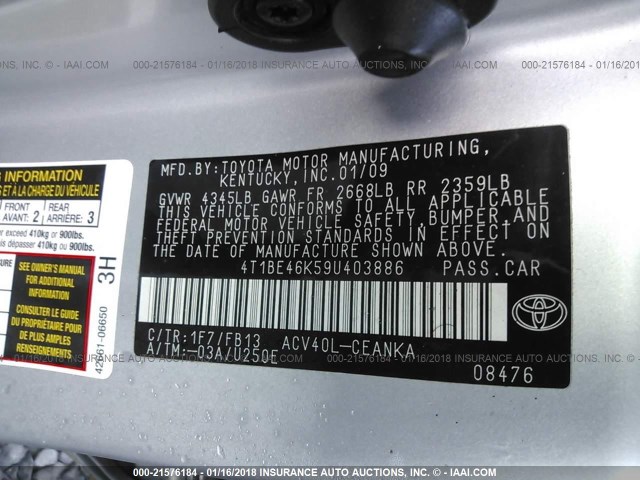 4T1BE46K59U403886 - 2009 TOYOTA CAMRY SE/LE/XLE SILVER photo 9