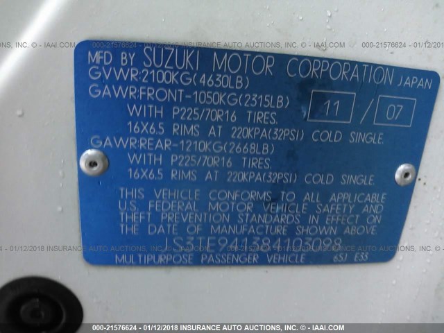 JS3TE941384103098 - 2008 SUZUKI GRAND VITARA  WHITE photo 9