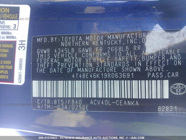 4T4BE46K19R063691 - 2009 TOYOTA CAMRY SE/LE/XLE BLUE photo 9