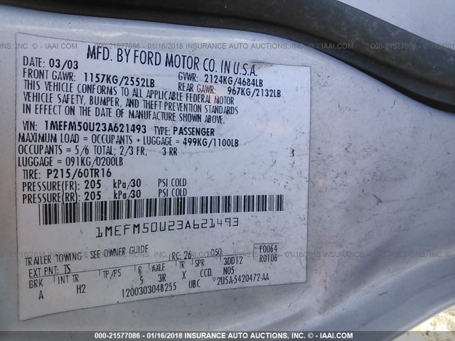 1MEFM50U23A621493 - 2003 MERCURY SABLE GS SILVER photo 9