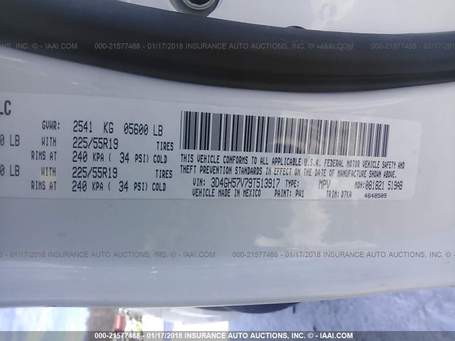 3D4GH57V79T513917 - 2009 DODGE JOURNEY SXT WHITE photo 9