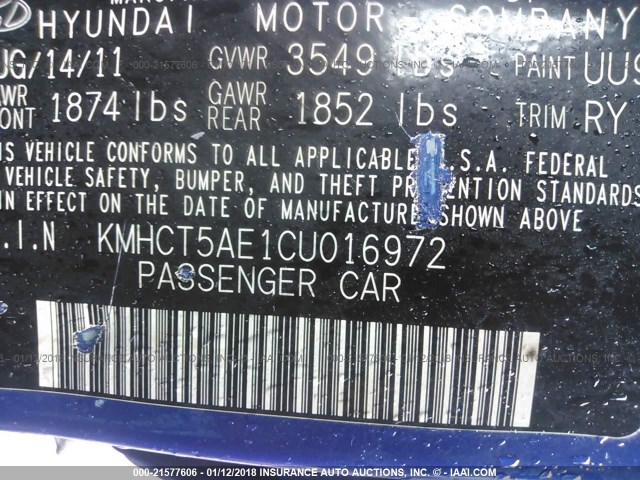 KMHCT5AE1CU016972 - 2012 HYUNDAI ACCENT GLS/GS BLUE photo 9