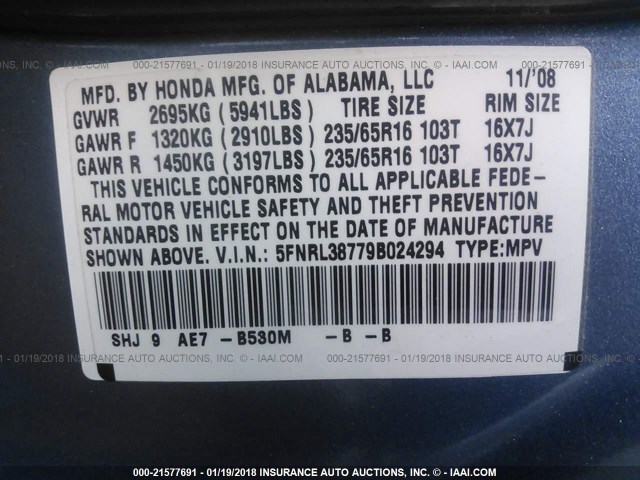 5FNRL38779B024294 - 2009 HONDA ODYSSEY EXL ლურჯი ფოტო 9